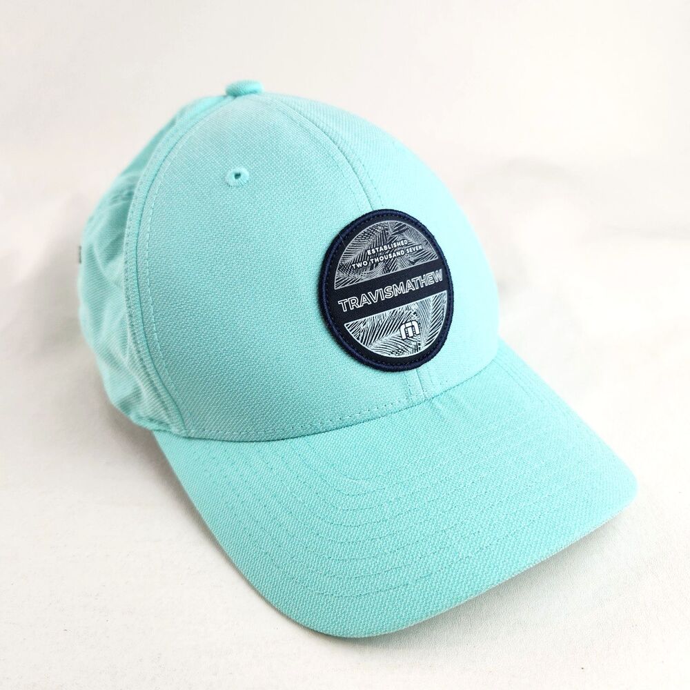 Travis Mathew Mens Hat L/XL Blue Flexfit Golf Stretch Fitted Logo Cap Palm Leave